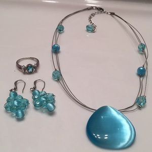 Sky blue jewelry set with necklace earrings & ring